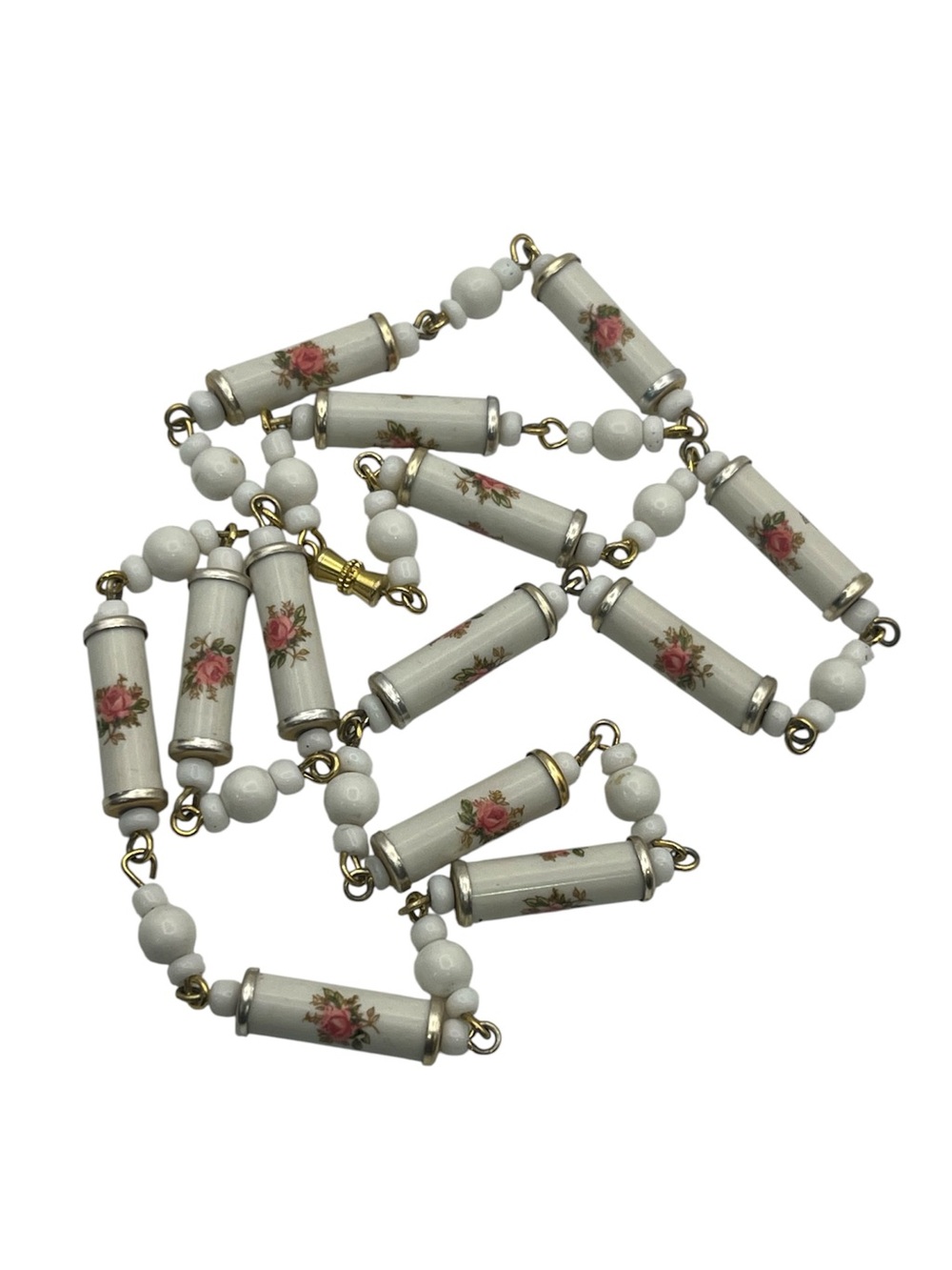 Milk Glass Pink Floral Necklace Tube Beads Gold Tone Mid Century Vintage